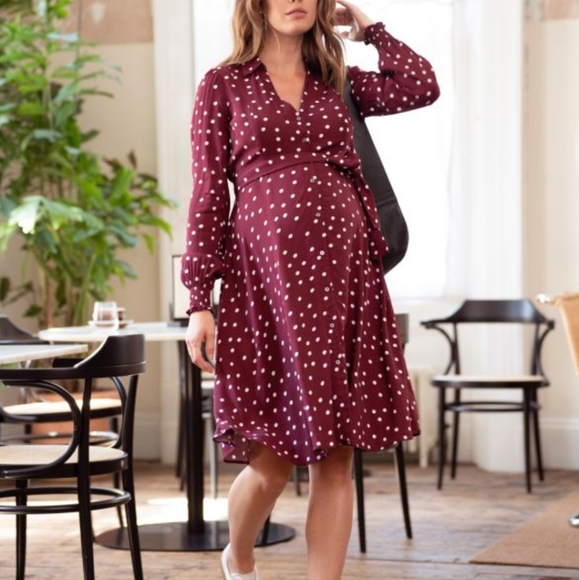 Seraphine Burgundy Polka Dot Maternity & Nursing Shirt Dress - Picture 7 of 10